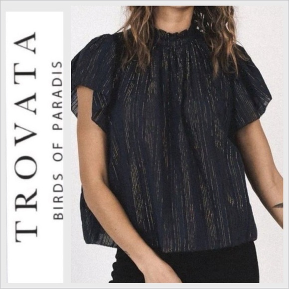 Trovata Birds of Paradis Carla High Neck Top Navy Moonlit stripe Cotton  Small - Picture 1 of 8